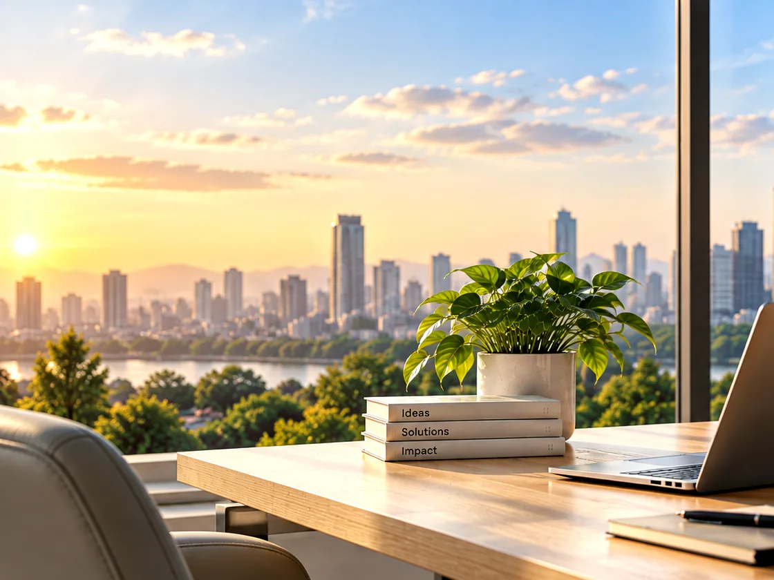Bright, modern workspace overlooking the Pune skyline