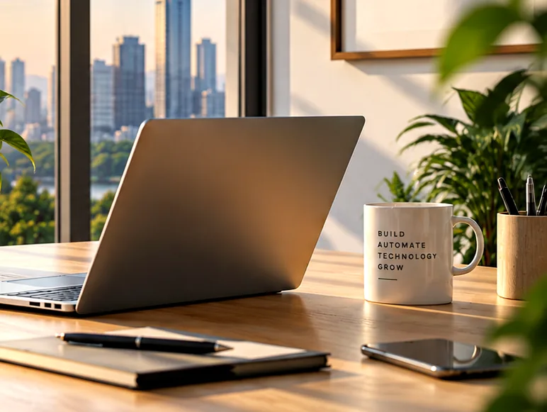 Laptop, notebook and coffee mug on a work desk